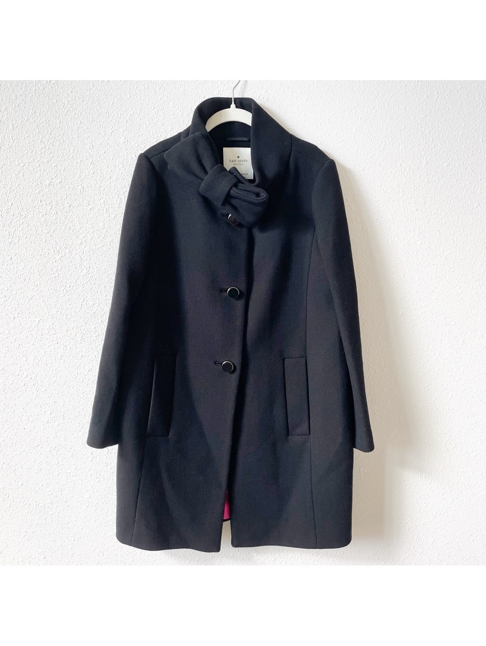 Kate Spade Bow Neck Wool Jacket Coat Black Size 10 Preppy Feminine Metallic Gold